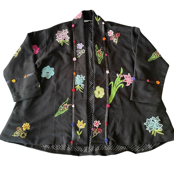 Anage Jackets & Blazers - Anage Black Floral Embroidered Open Front Jacket 3D Ribbon Flowers Polka Dot OS